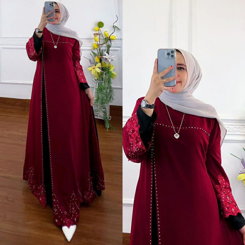 READY DRESS ARIFA BORDIR / GAMIS TERBARU BAHAN FULL CERUTY KOMBINASI BORDIR