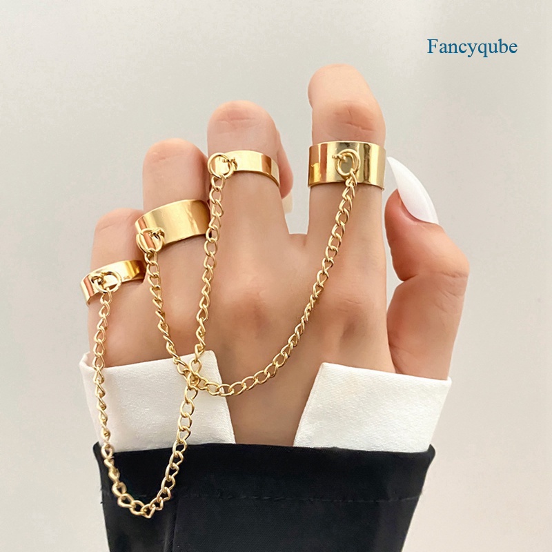 Fancyqube Cincin Rantai Link Jari Telunjuk Model Terbuka Bahan Stainless Steel Gaya Hip Hop Punk Untuk Wanita
