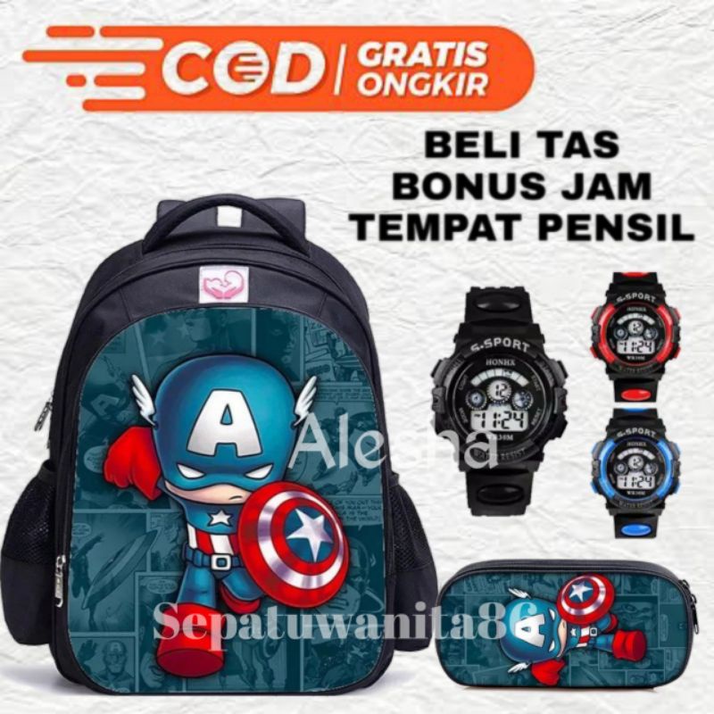 Tas Ransel Fashion Sekolah Anak Laki Laki PAUD TK SD Marvel Super Hero Freeee fireee Batmn Bonus Jam Tangan