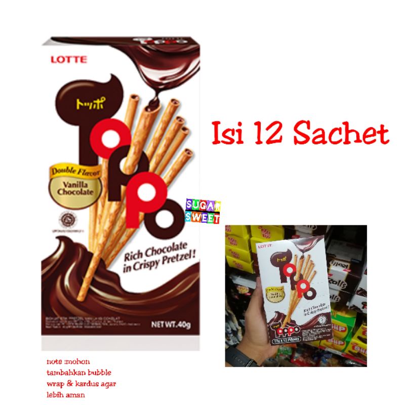 

Lotte Toppo Biskuit Stik Pretzel Rasa Vanila isi Cokelat Kemasan Box - 12 pcs X 17gr