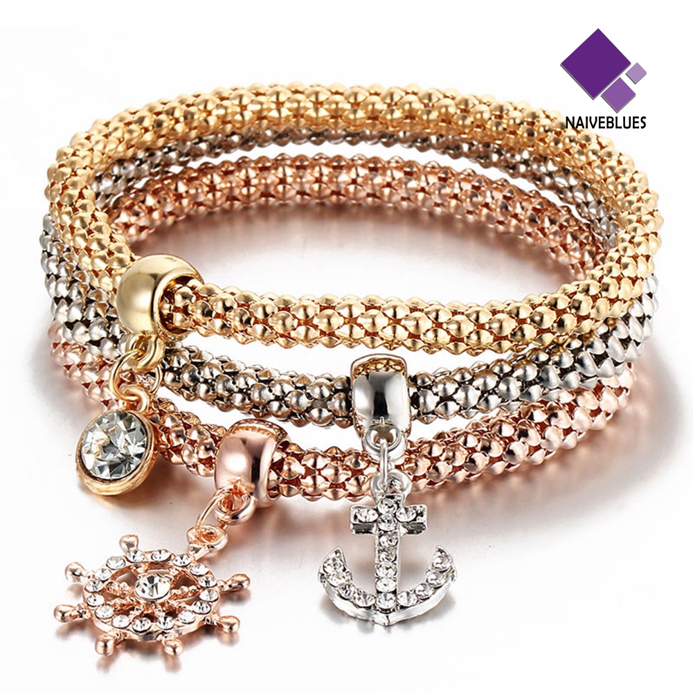 3pcs / Set Gelang Liontin Pohon Burung Hantu Aksen Berlian Imitasi Untuk Wanita