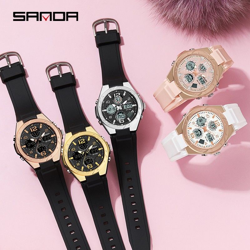 Jam Tangan SANDA 6062 Jam Tangan Wanita Digital Analog Dual Time Shockproof Anti Air