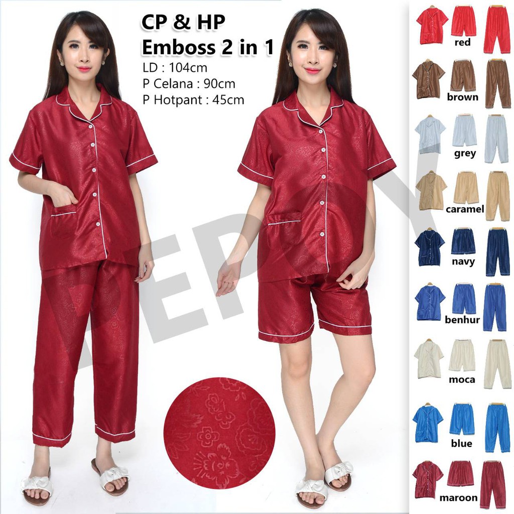 Setelan Piyama Baju Tidur Embos CPHP 3 IN 1 Celana Panjang dan Hot Pant Dewasa LD 102-104 Cm