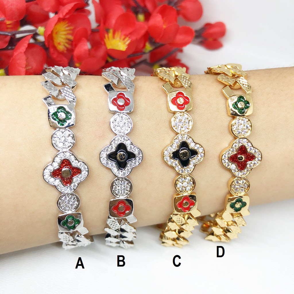 Gelang Rantai Tebal Arsir Silang Xuping Clover Hitam Merah Lapis Emas Putih - BB357