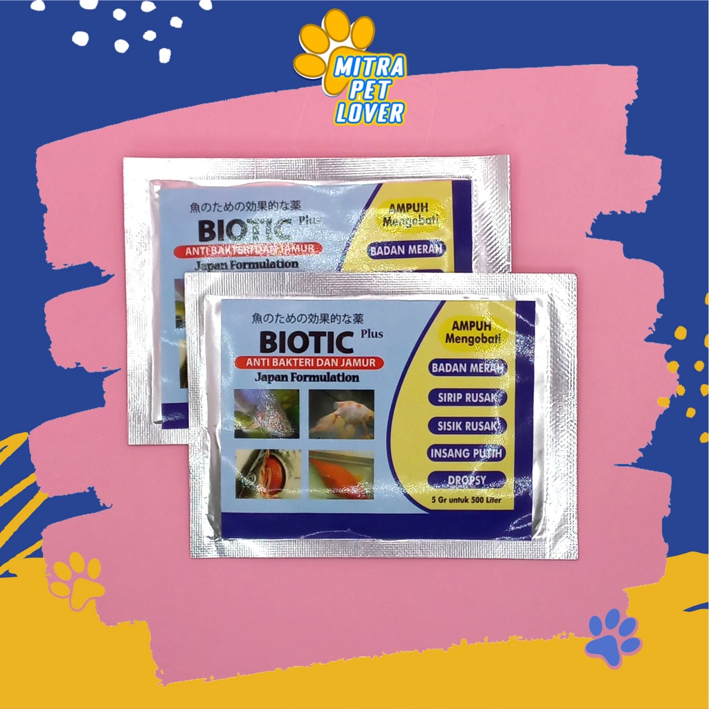 OBAT ANTI BAKTERI &amp; JAMUR IKAN HIAS - BIOTIC PLUS 5 GRAM - SEMBUHKAN SIRIP LUKA INSANG PUTIH , DROPSY SISIK RUSAK FISH &amp; CUPANG - MURAH GARANSI ASLI KUALITAS ORIGINAL PET ANIMAL VETERINARY TAMASINDO VITAMIN BIO TIC HEWAN BINATANG PELIHARAAN MITRAPETLOVER