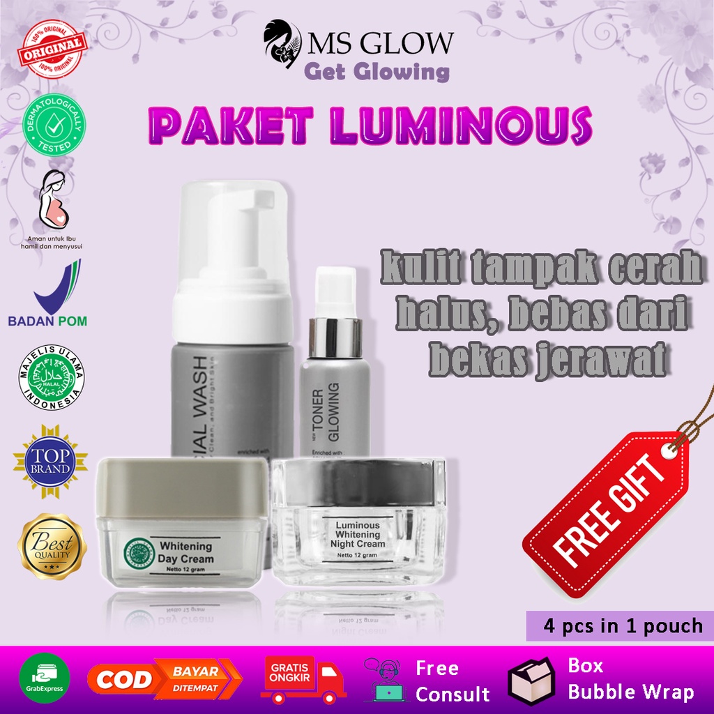 Paket skincare wajah day night cream crem facial wash toner MS Glow original ori bpom  luminous untu