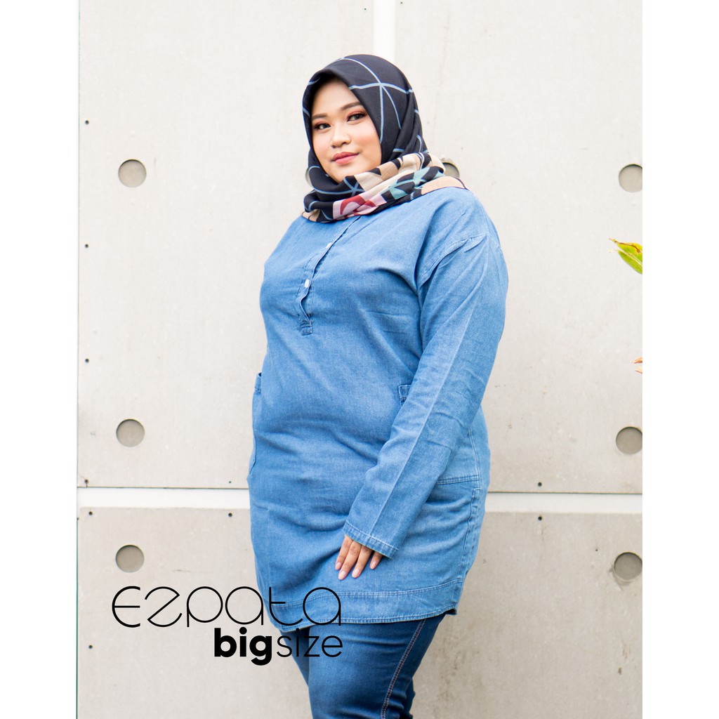 Ezpata Atasan Jeans Baju Jumbo Baju Santai Jeans Casual Pakaian Wanita Big size