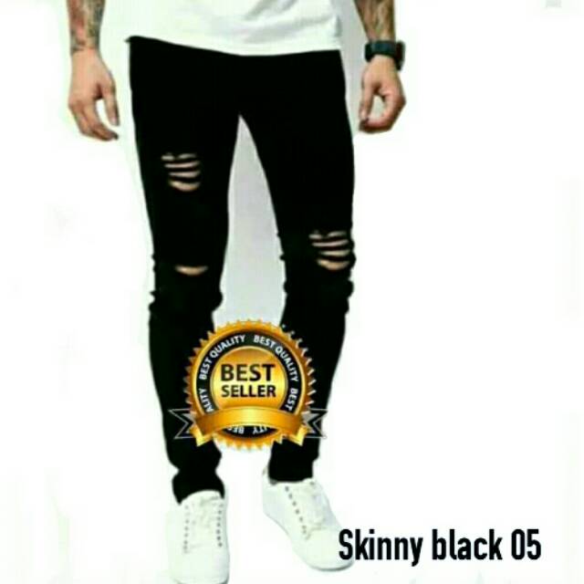 Jeans sobek lutut pria - celana sobek hitam pekat - skinny black 05 Original Navel denim - jeans ripped black