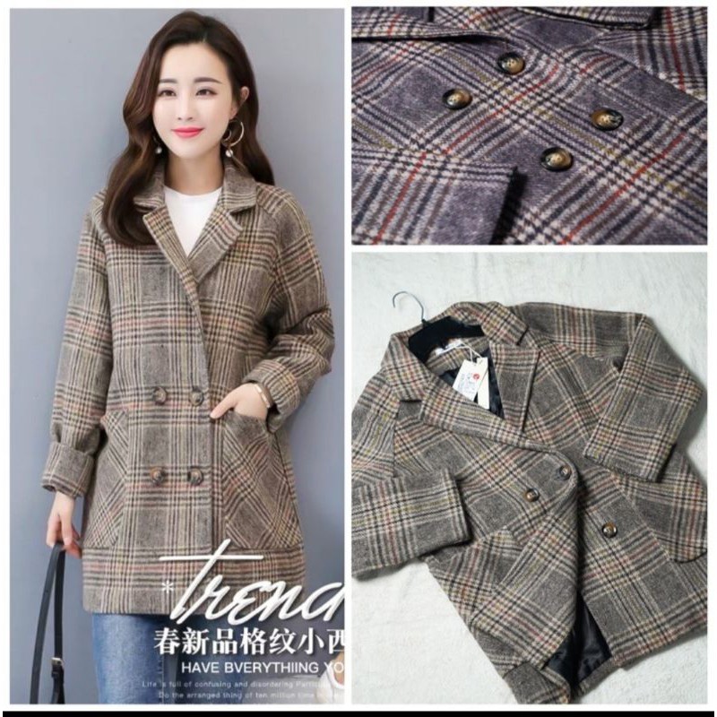 Blazer Coat wanita wool premium Import outer mantel motif kotak