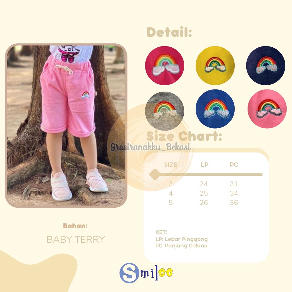 Celana Pendek Anak Pelangi Warna Babypink Size 3-5Tahun