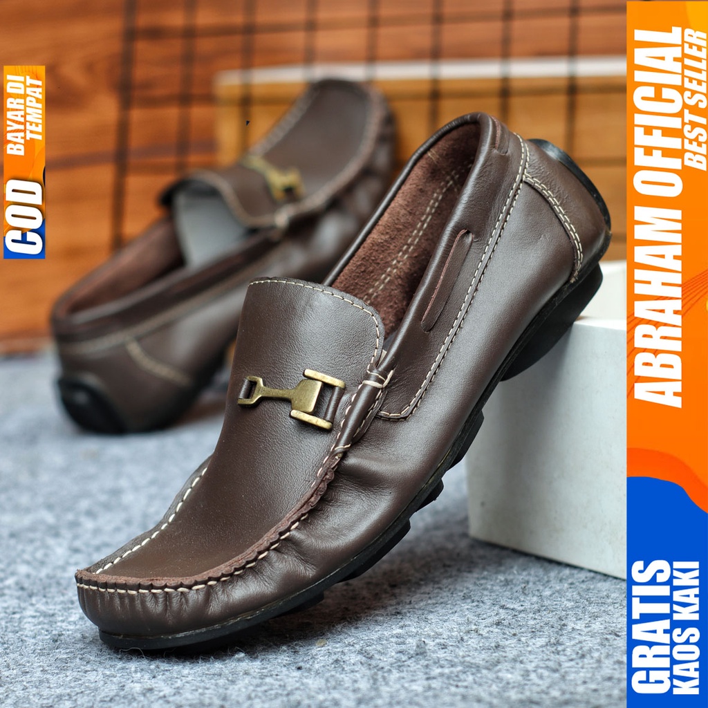 Sepatu Casual Pria Formal Slip On Pantofel Kulit Asli Kerja Kantor Kondangan Kuliah Hitam Fashion Shoes Terbaru Murah Kekinian Original MULIN ABRAHAM