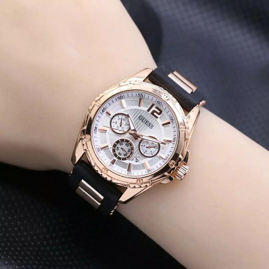 GUESS - GROSIRAN JAM TANGAN FASHION WANITA G7-6559 ANALOG TALI RUBBER TANGGAL AKTIF CHRONO VARIASI FREE BOX & BATERAI || GROSIRAN JAM TANGAN WANITA TERLARIS ( BISA UNTUK KADO ) JAMINAN HARGA GROSIR !!! GARANSI 6 BULAN (COD)-Hitam Putih