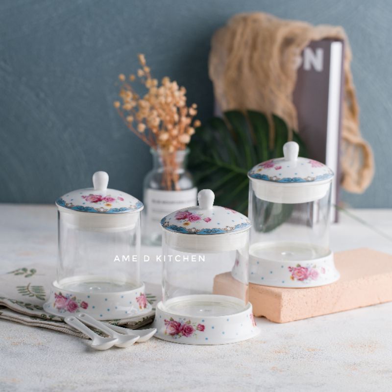 3 pcs canister shabby blue florenza with spoon / Tempat bumbu shabby blue