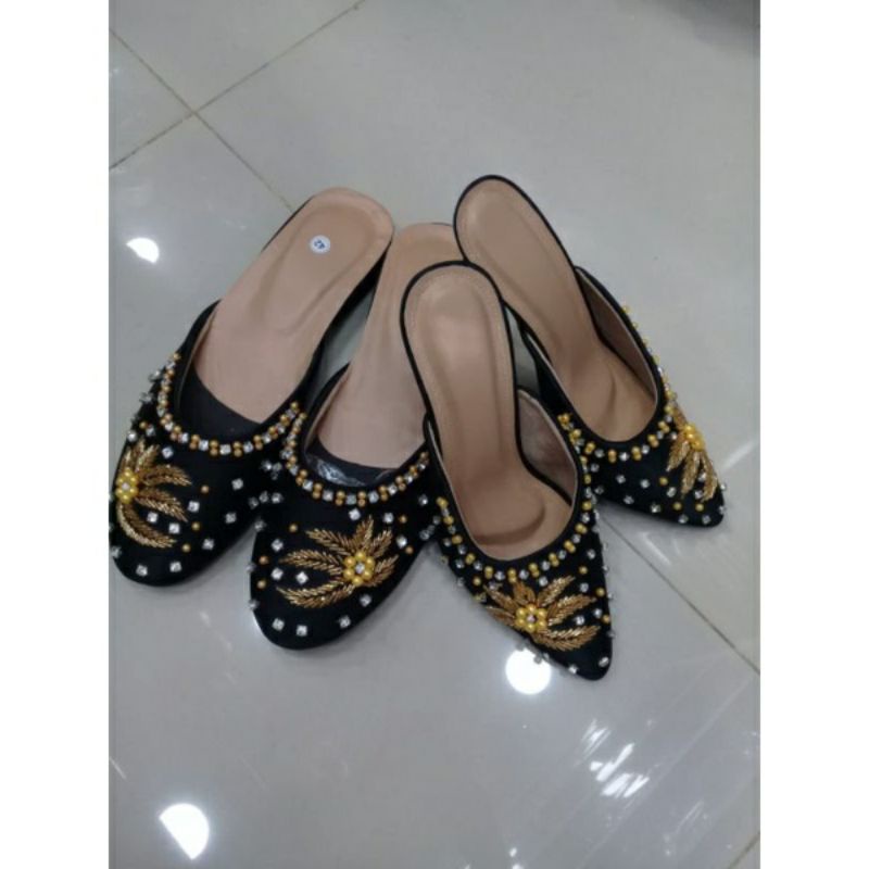 Selop Pasangan Pengantin Cowok Cewek Payet Murah Sandal Sepatu Couple Manten Pria Wanita Hitam