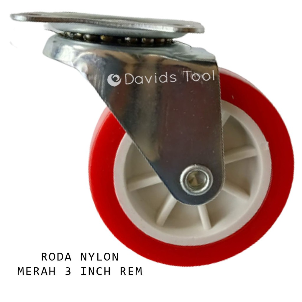 Roda Troli Lemari Ban Gerobak Merah Karet Nilon 3 Inch Rem Single Bearing Set