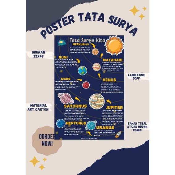 POSTER TATA SURYA, Poster Ukuran A3,Poster Edukasi Anak,Pengenalan Sistem Tata Surya