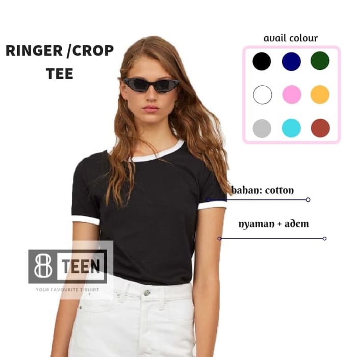 Atasan Wanita - Manset - Crop Top Ringer Tee / Crop Tee Wanita Polos - Best Seller 8Teen - Hitam, S