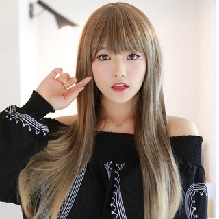 Wig Rambut  Palsu Model  Lurus  Panjang  dengan Poni Warna 