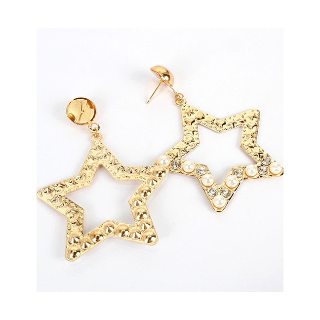 LRC Anting Tusuk Fashion Golden Hollow Stars And Diamond Earrings K44371