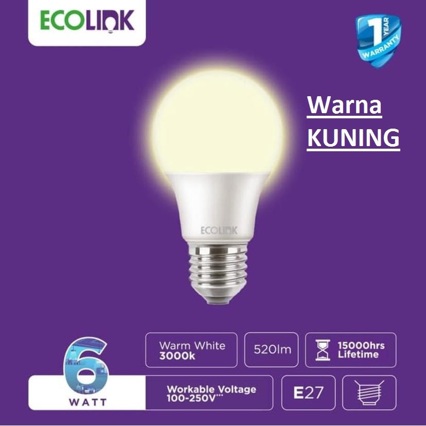 Lampu Bohlam LED Bulb 6 Watt Kuning( Warm White ) &amp; Putih ( Cool Daylight ) ECOLINK