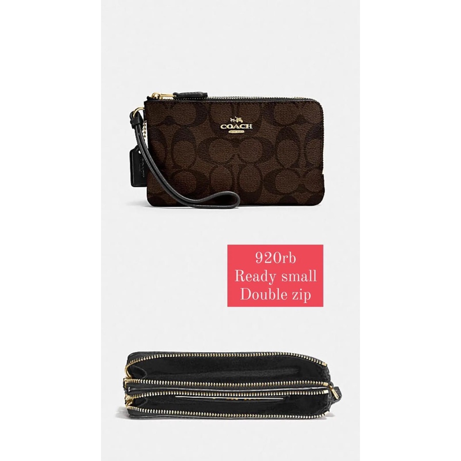 Coach Double Corner Zip Wristlet In Signature Brown Black