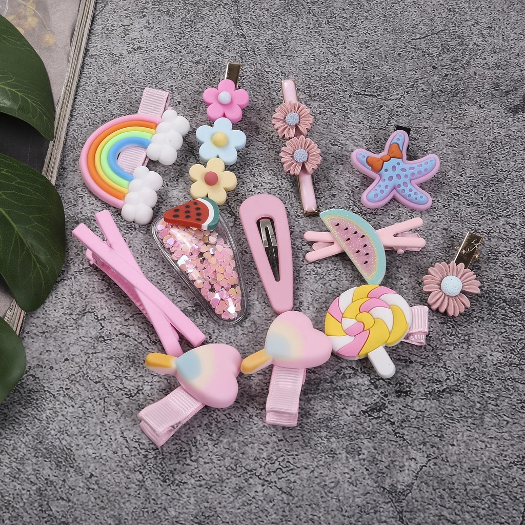 [14Pcs/Set Little Girls Korean INS Style Small Cute Baby Animal Flower Rainbow Decoration Bangs Clip Sets ] [Girls Sweet Style Hairpin Cartoons Hairpin] [Kids Daily Fashion BB Barrettes]