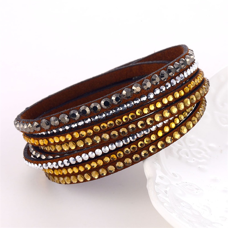 Gelang Kulit Multilayer Aksen Kristal Berlian Imitasi Untuk Wanita