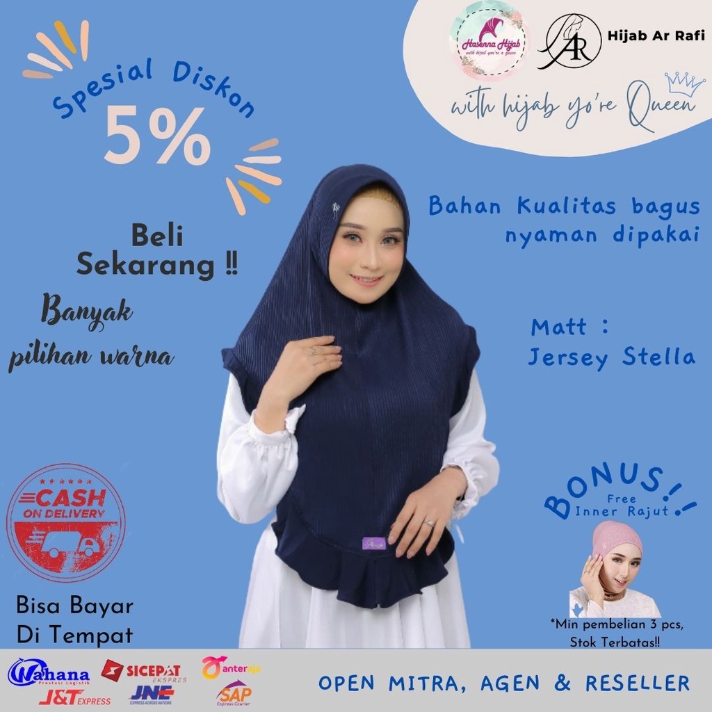 Jilbab Arrafi Ori AR 558 Hijab Model Plisket Jersey Stella Variasi Rampel Depan