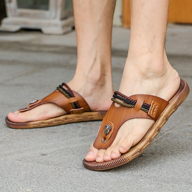 [ORIGINAL 100%]Sandal Slop Kulit Kekinian Casual Sendal Pria Cowok Dewasa Original Premium Brand Lokal Terbaru Kuat