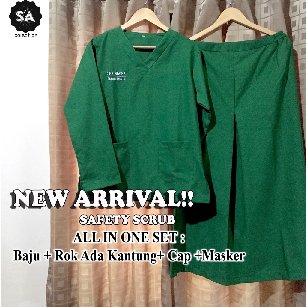 Baju Setelan OK bawahan ROK, dapat Topi dan Masker / Baju OKA / Baju Jaga / Scrub / Lengan Panjang