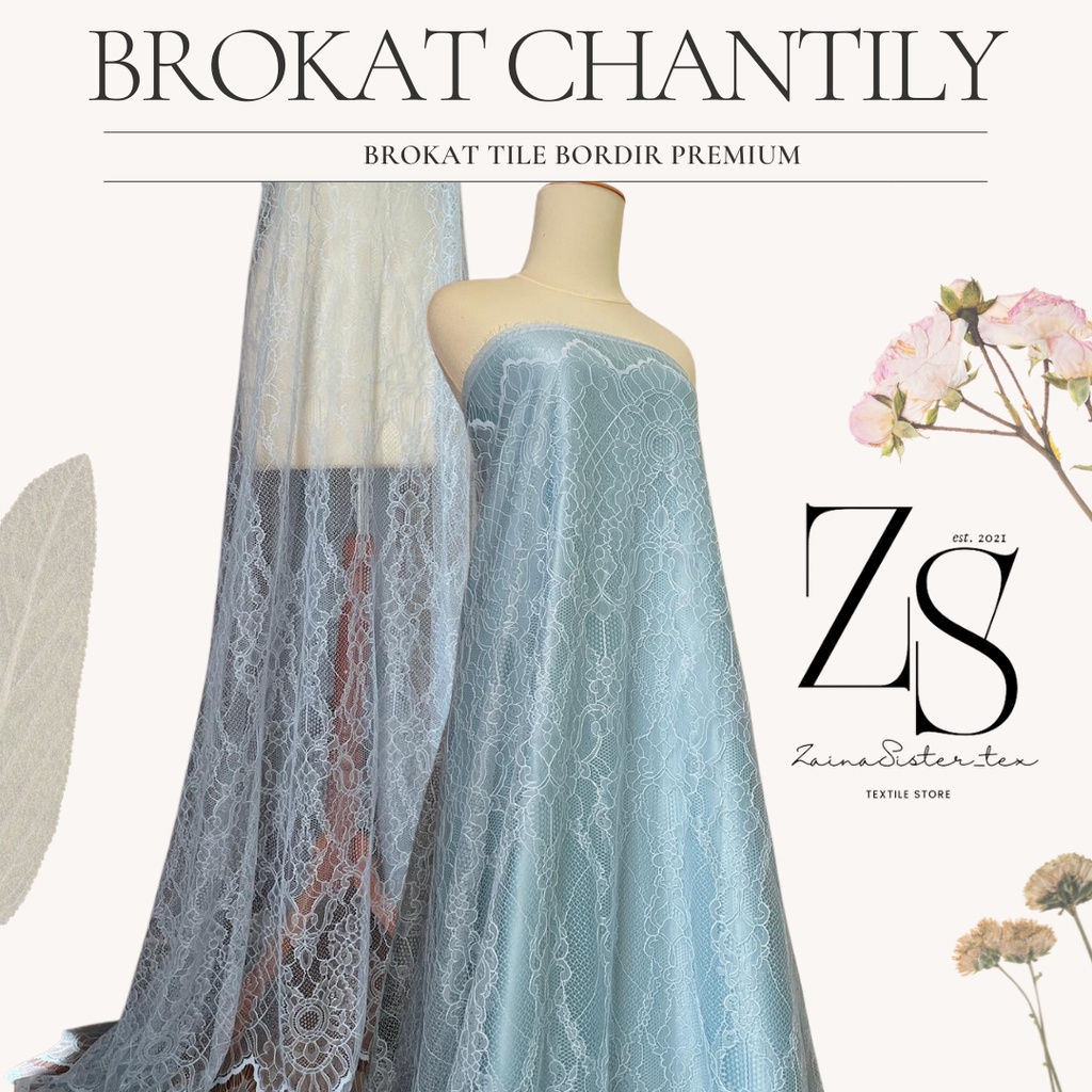 Bahan Kain Brokat Brukat Chantily Santili Semi Prancis Lace Panel Warna Biru Muda Pastel Baby Blue