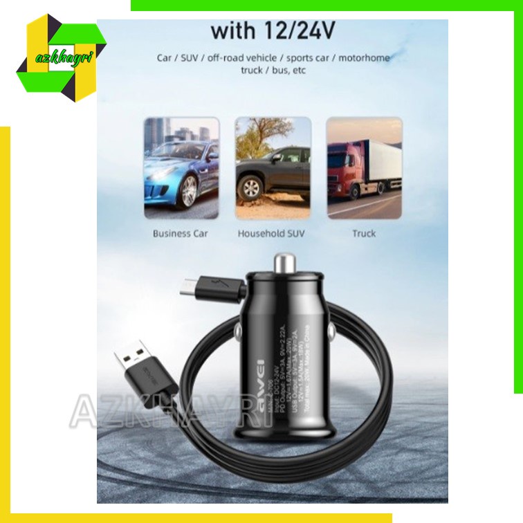 AWEI Dual Car Charger Mobil Super Charge PD 20w Type C