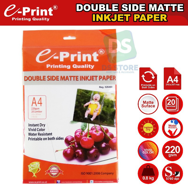 

Kertas Foto Double Side Matte Inkjet A4 220 GSM E-PRINT