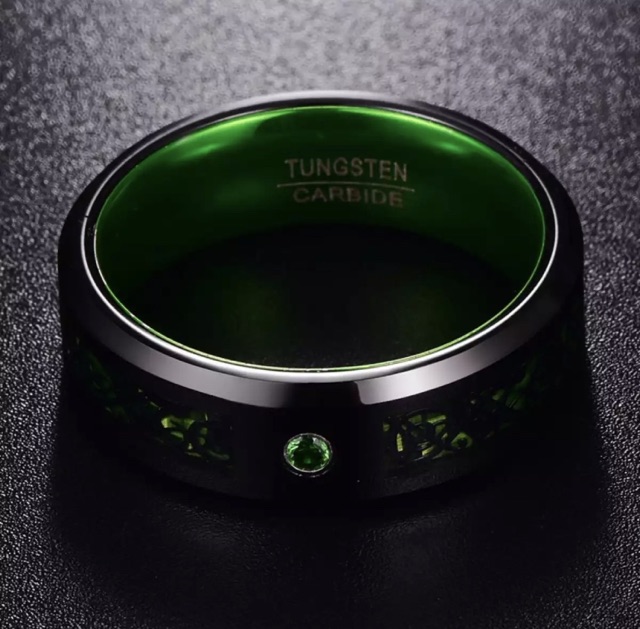 Cincin Pria Tungsten Carbide Original Green Celtic Dragon Cubic Zirconia Premium Quality