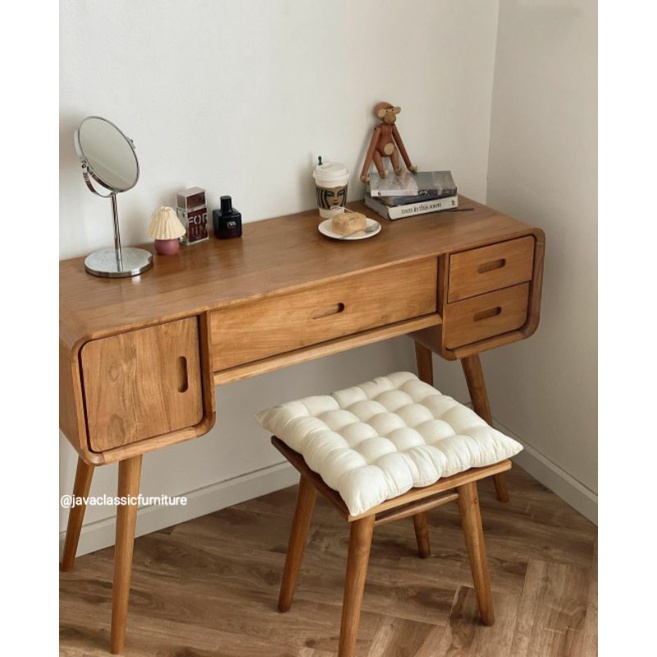1 SET MEJA TULIS BELAJAR KERJA KANTOR KOMPUTER LAPTOP RETRO MINIMALIS + PUK DUDUK BAHAN KAYU JATI TPK GRADE A AWET KOKOH FINISHING NATURAL PRODUKSI JEPARA-2