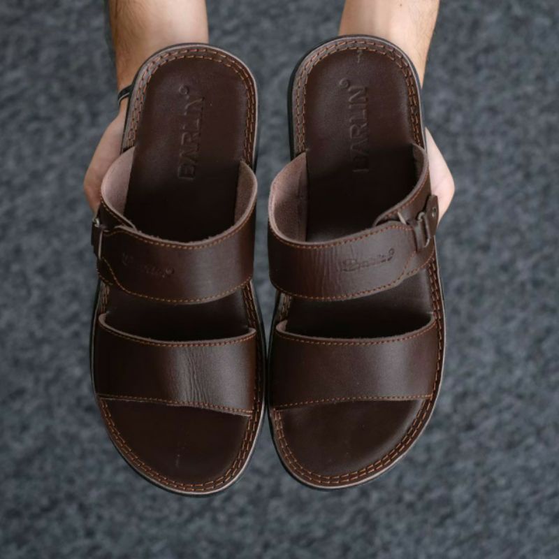 BRLN 005 Brown Sandal Pria Original Full Kulit Asli Sapi Sendal Slide Slop Selop Casual Formal