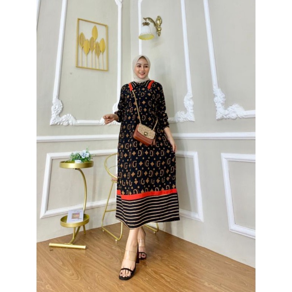 MIDI DRESS MOTIF GUCCI RAYON BUSUI || gamis rayon susun busui motif