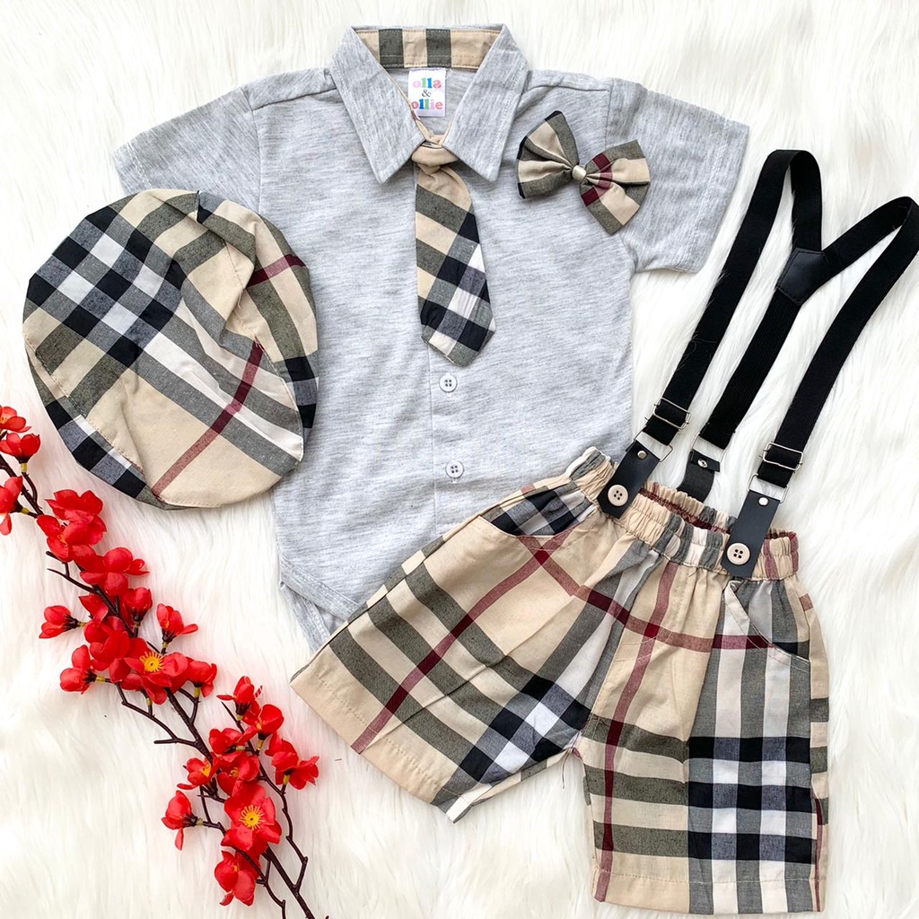 Baju setelan jumper celana topi suspender pergi jalan lucu fashion anak bayi cowok laki murah -baw