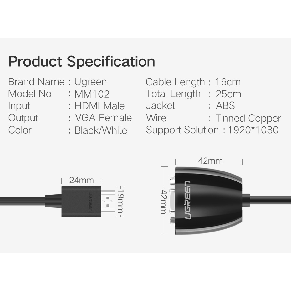 【Stok Produk di Indonesia】Ugreen Kabel Adapter Converter HDMI to VGA(40253)