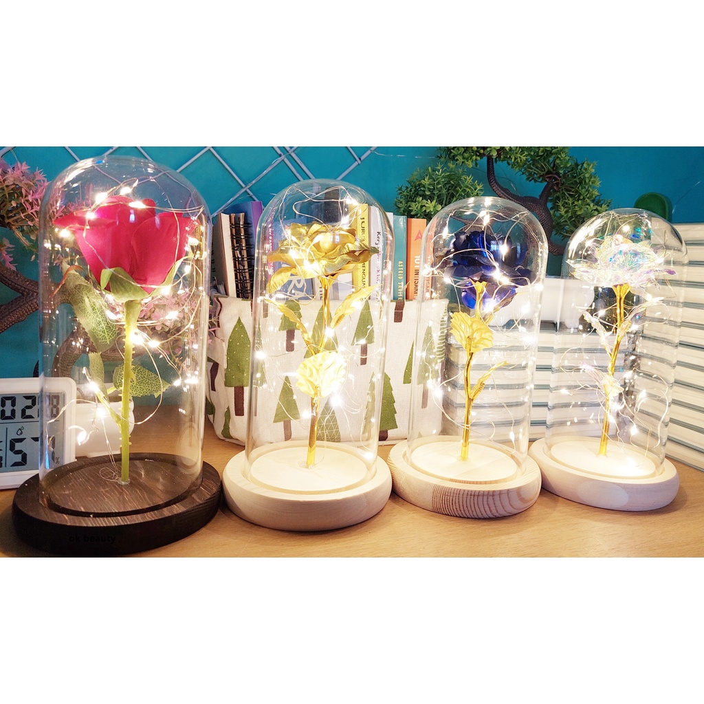 LAMPU BUNGA MAWAR LED KACA DEKORASI HIAS BEAUTY AND THE BEAST ROSE KADO PERNIKAHAN ULANG TAHUN