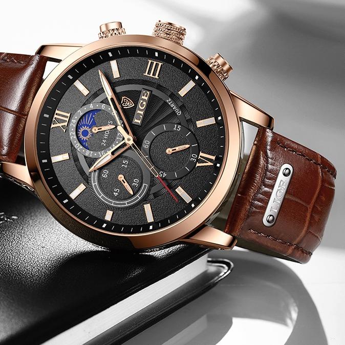 Product Terlaris|SQ15|LIGE 2022 terbaru original jam tangan pria tali kulit anti air olahraga kronograf jam tangan + kotak