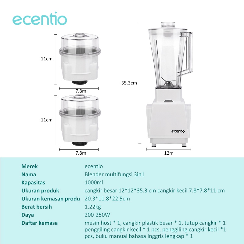 ecentio 1L 1+2 Blender Daging Kapasitas tinggi 1L Food chopper 