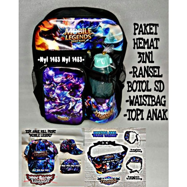 Paket 3in1 tas ransel anak sekolah SD / FREE tas waistbag dan topi anak