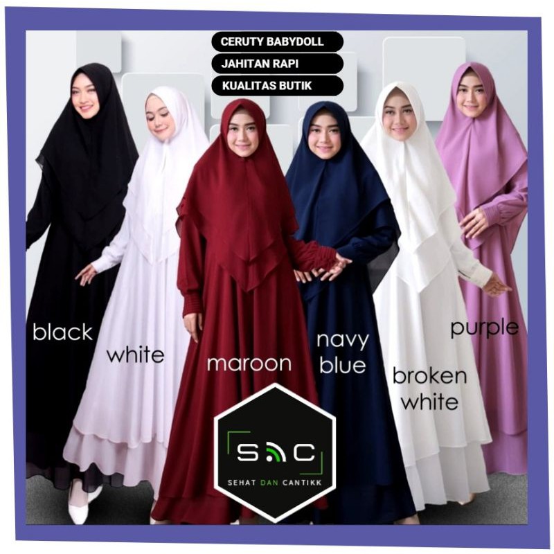 Gamis Syari Ceruty Premium Ceruti Babydoll Polos Setelan Jilbab 2 Layer Busui Resleting Depan Mewah