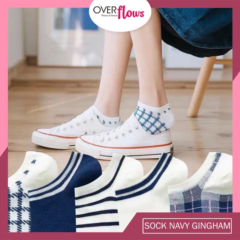 OVERFLOWS.ID Kaos Kaki Wanita Motif Kotak Biru Navy Women Sock Fashion Korea Import Murah