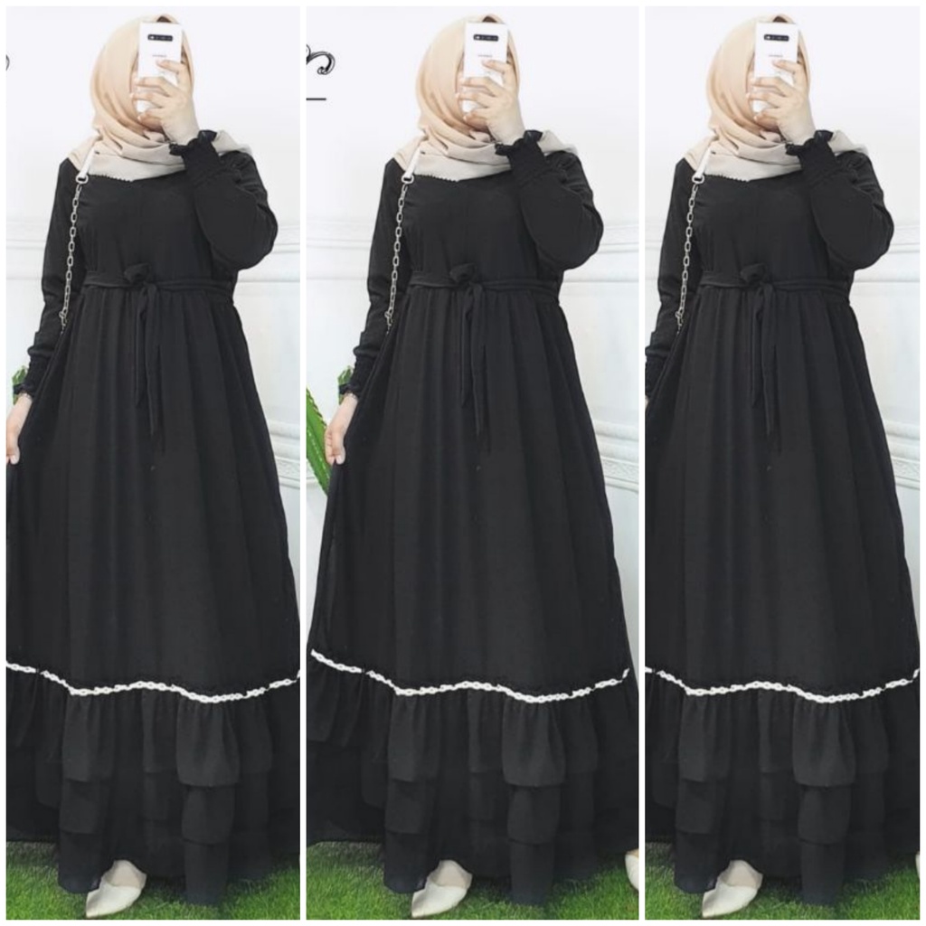 amelia maxi ceruty bebydoll renda susun /gamis syarii ceruty bebydoll motif/ gamis  fashion muslim terbaru