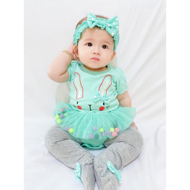 jumper newborn romper bay kado lahiran anak perempuan bunny pom pom legging JUMPER SET baby bayi cewek perempuan 0-12 bulan newborn romper fashion di