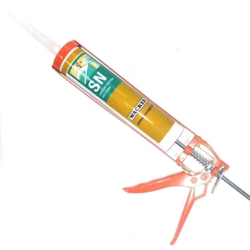 Paket Gun+Lem Silikon Wacker SN Sanitary/Bathroom/Toilet/Kitchen Silicone Sealant