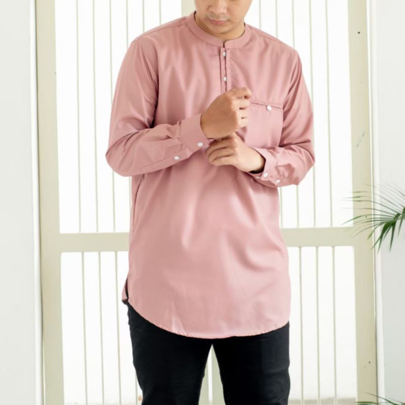 KURTA PRIA DUSTY PINK LENGAN PANJANG BAJU KOKO KURTA TOYOBO FODU BAJU MUSLIM MODEL KURTA PAKISTAN