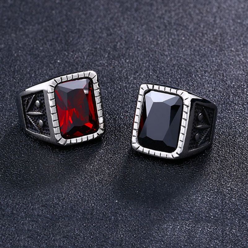 Cincin Pria Red Ruby Akik Merah Black Plated Titanium Stainless Steel Anti Karat High Polishing